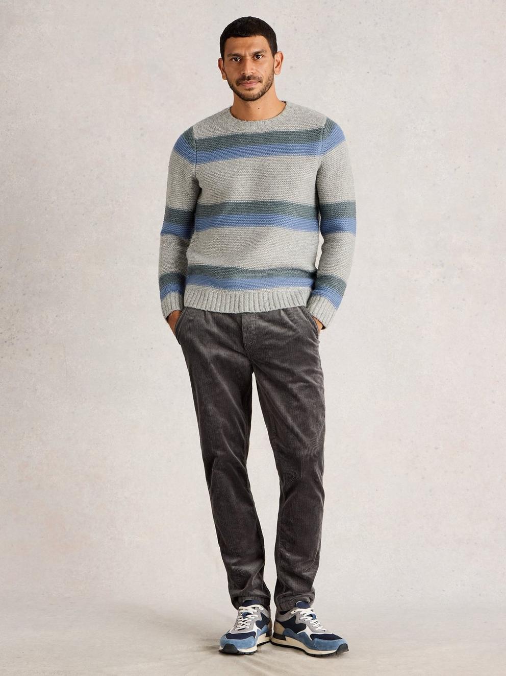 Breton Stripe Crew Neck in GREY MLT - MODEL FRONT