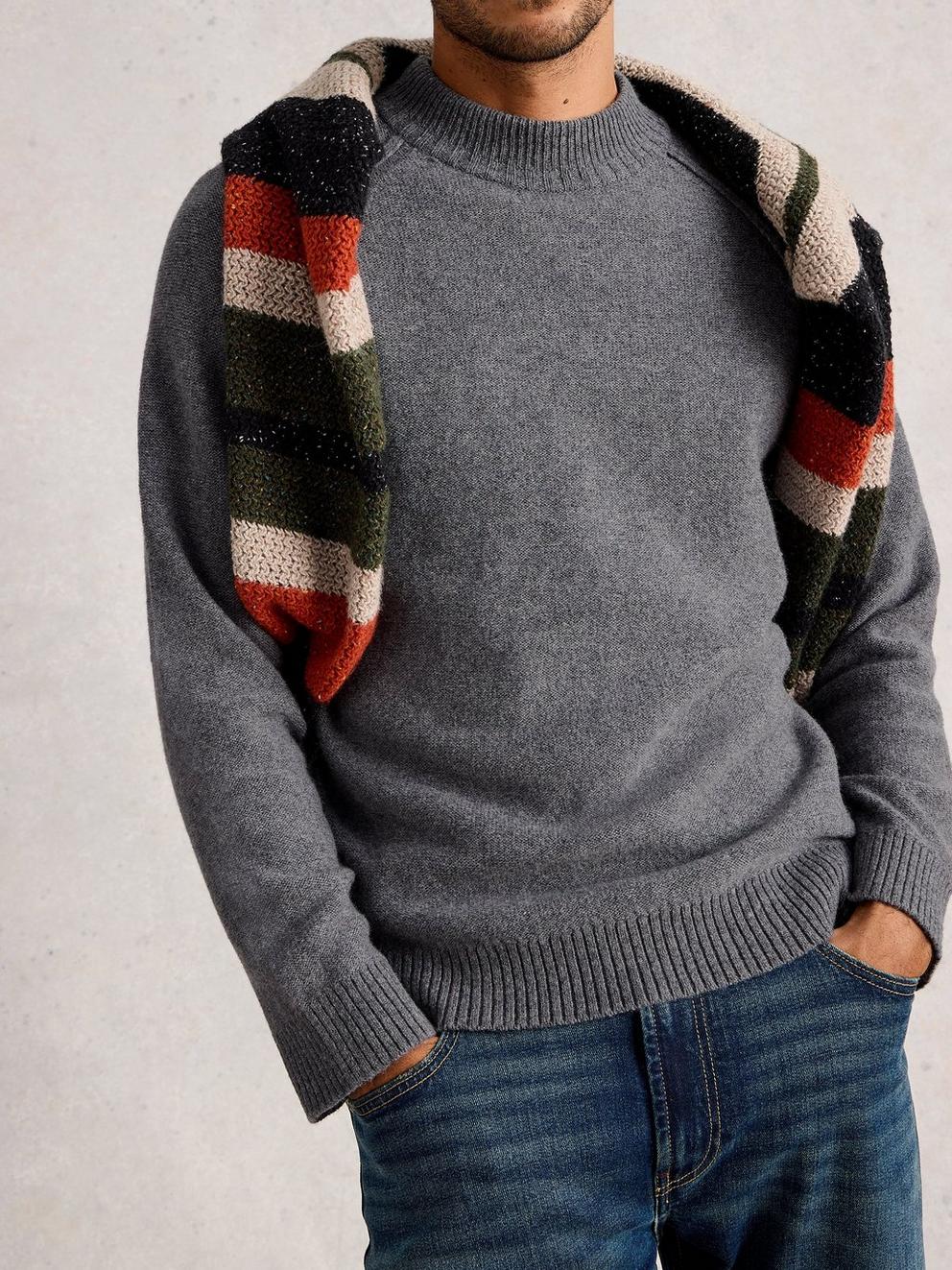 Milton Lambswool Mock Neck in CHARC GREY - MODEL DETAIL