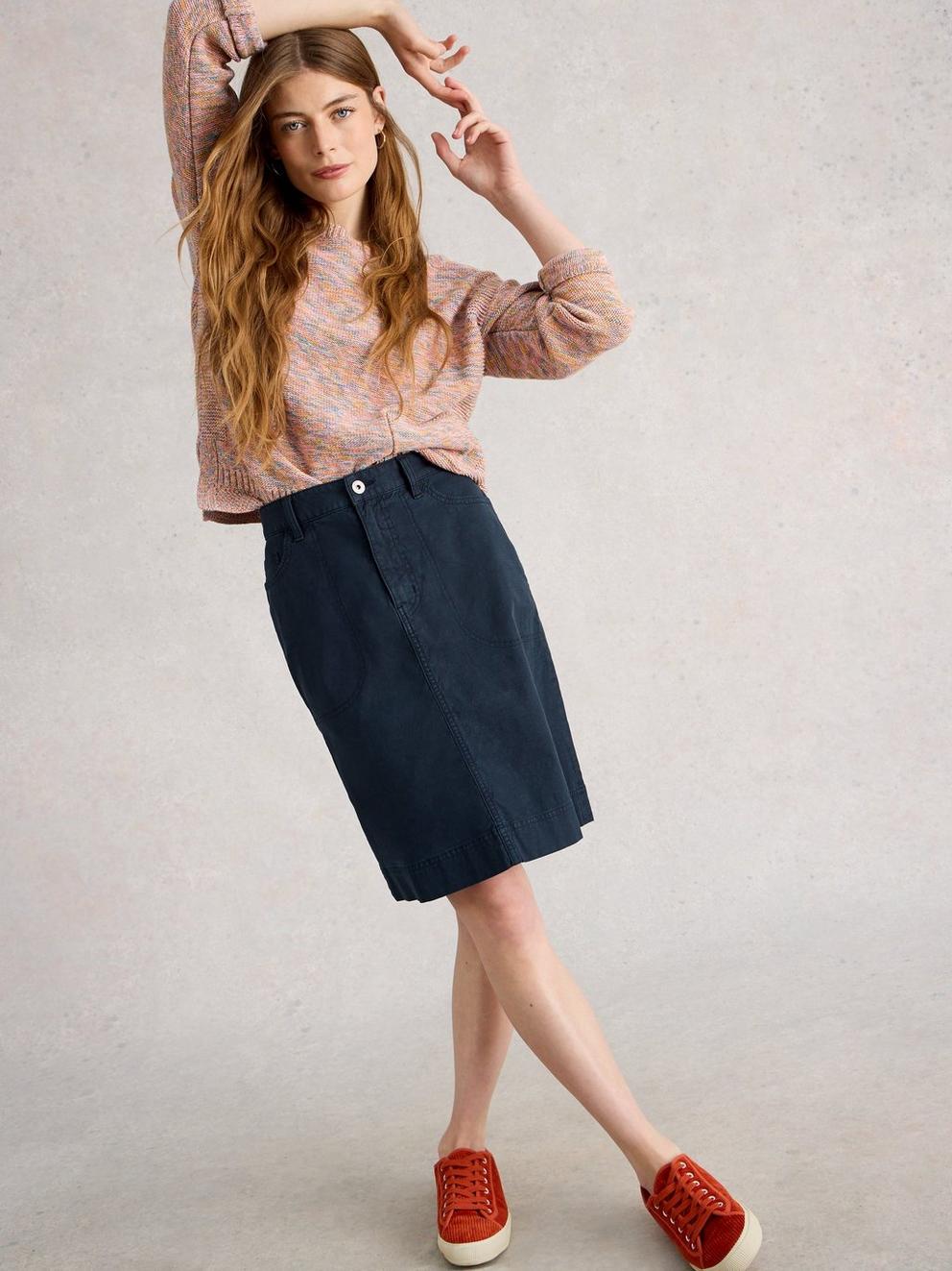Tia Chino Skirt in DARK NAVY - MODEL DETAIL