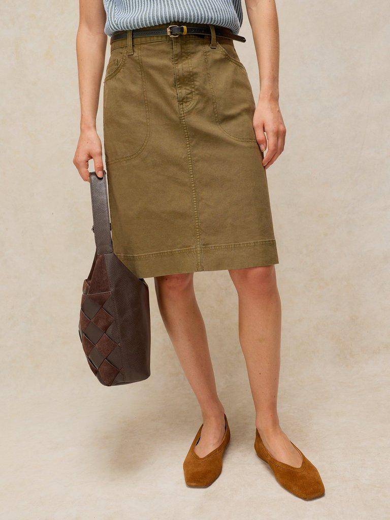 Tia Chino Skirt in KHAKI GRN - MODEL FRONT