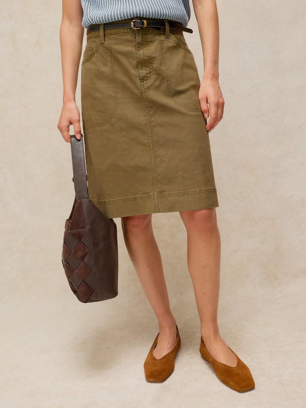 Tia Chino Skirt in KHAKI GRN - MODEL FRONT