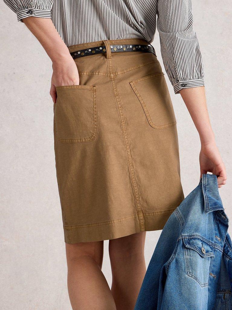 Tia Chino Skirt in MID TAN - MODEL BACK