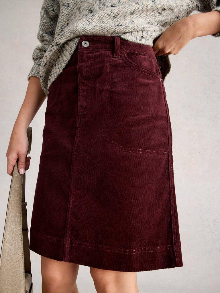 Tia Cord Skirt in DK PLUM - MODEL DETAIL