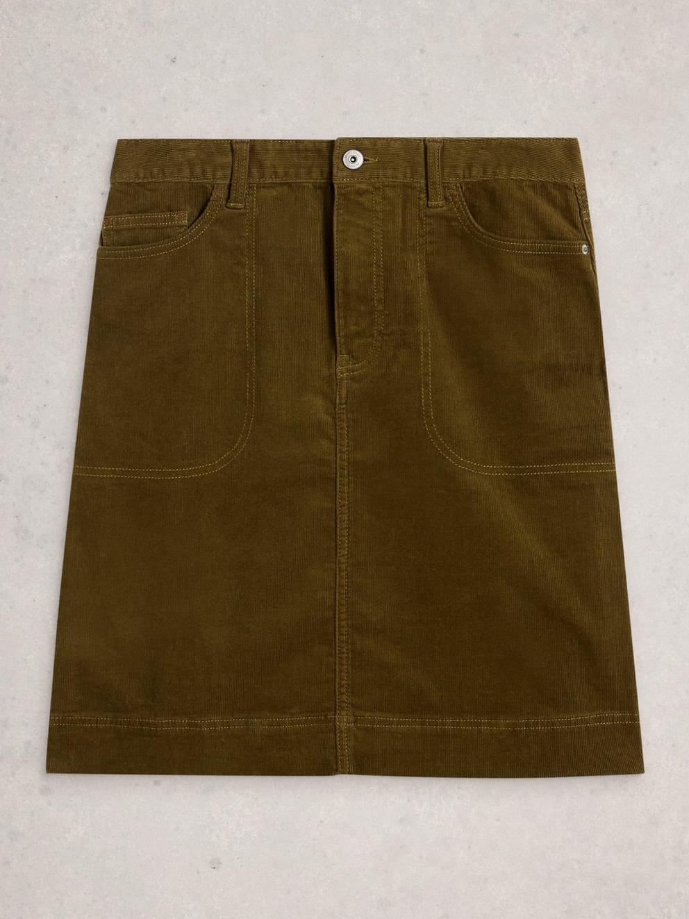 Tia Cord Skirt in KHAKI GRN - FLAT FRONT