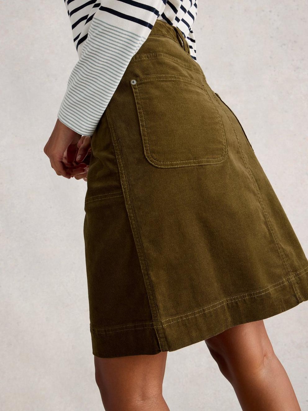 Tia Cord Skirt in KHAKI GRN - MODEL BACK