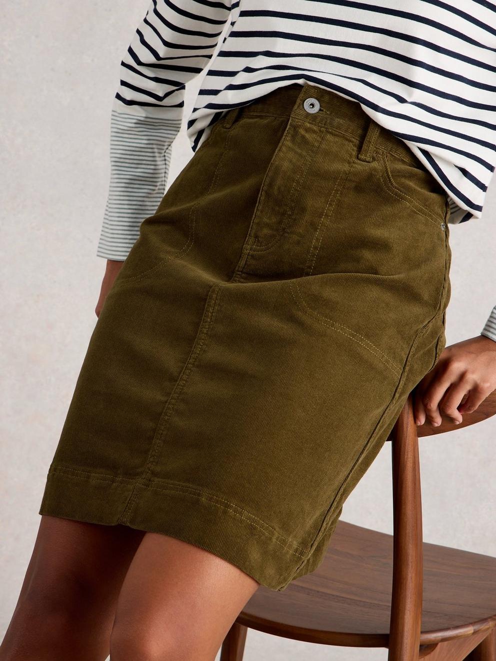 Tia Cord Skirt in KHAKI GRN - MODEL DETAIL