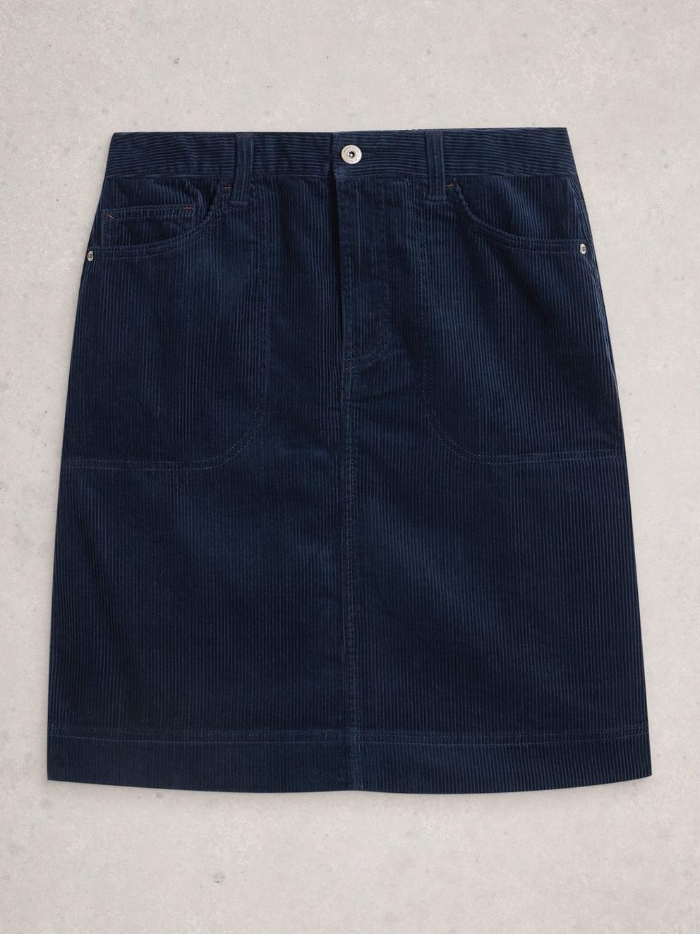 Tia Cord Knee Length Skirt in DARK NAVY - FLAT FRONT