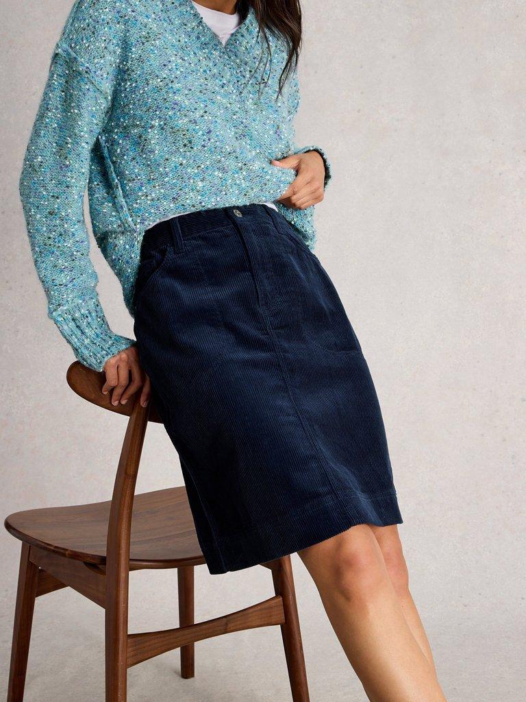Tia Cord Knee Length Skirt in DARK NAVY - LIFESTYLE