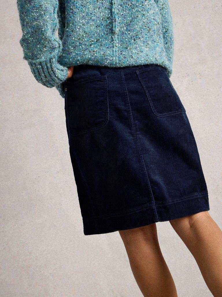 Tia Cord Knee Length Skirt in DARK NAVY - MODEL BACK