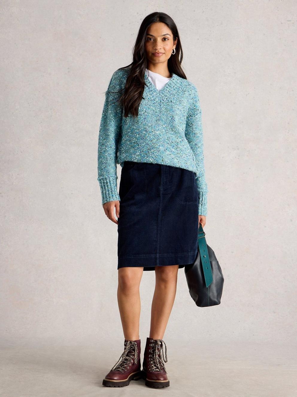 Tia Cord Knee Length Skirt in DARK NAVY - MODEL FRONT