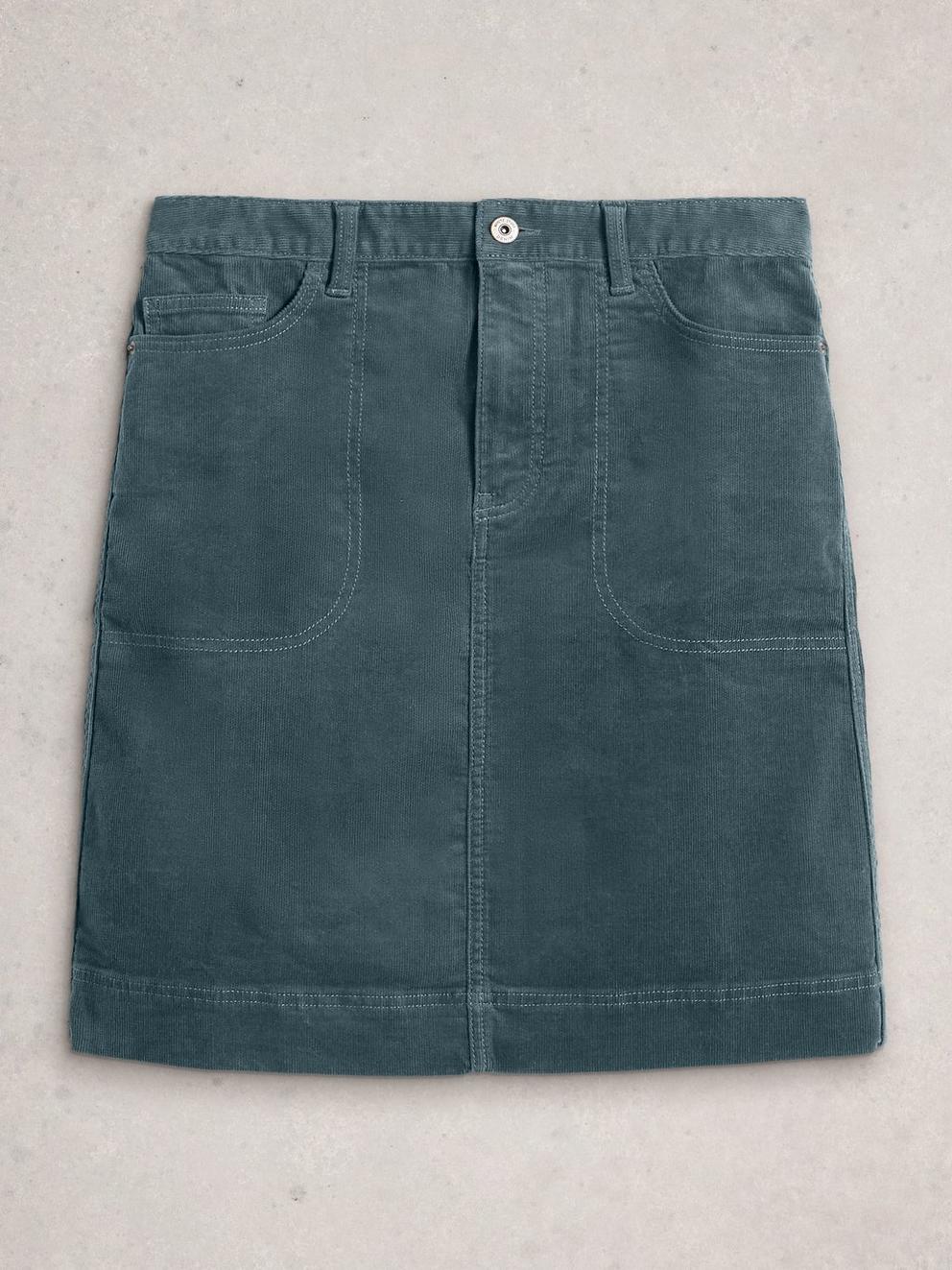 Tia Cord Knee Length Skirt in DUS BLUE - FLAT FRONT