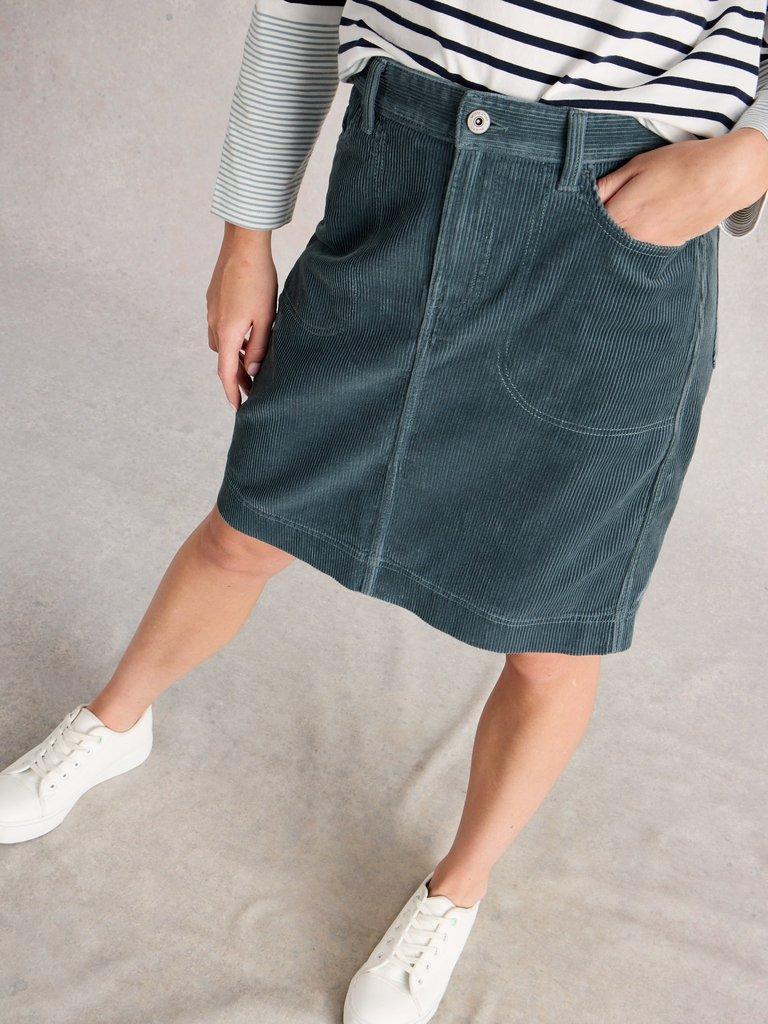 Tia Cord Knee Length Skirt in DUS BLUE - MODEL DETAIL
