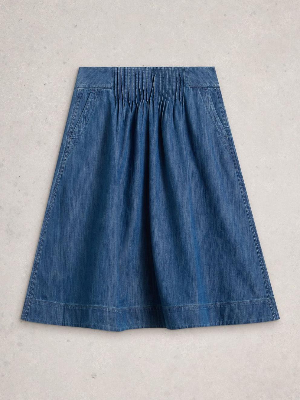 Charlotte Midi Denim Skirt in MID DENIM - FLAT FRONT