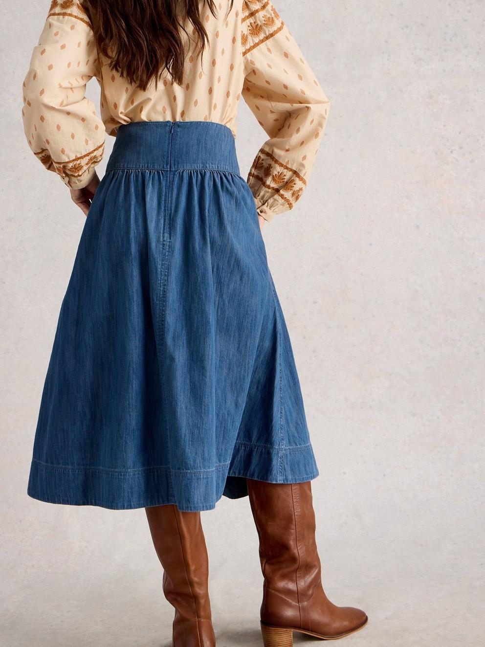 Charlotte Midi Denim Skirt in MID DENIM - MODEL BACK