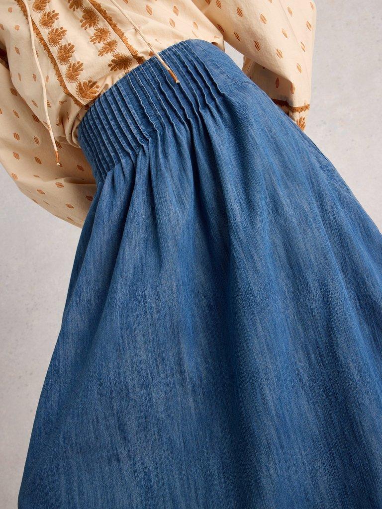 Charlotte Midi Denim Skirt in MID DENIM - MODEL DETAIL