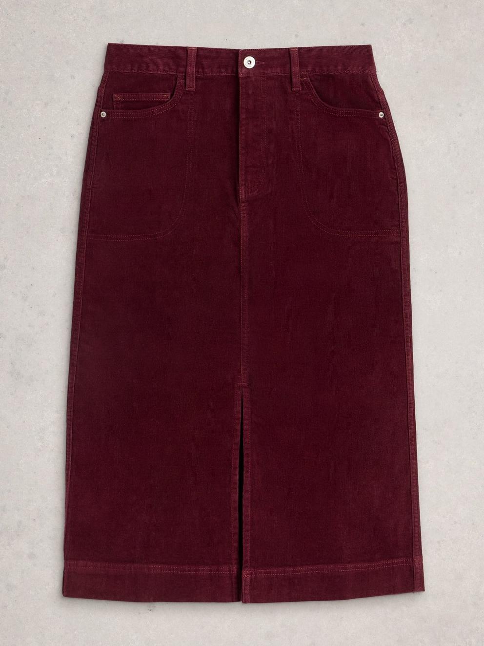 Tia Cord Midi Skirt in DK PLUM - FLAT FRONT