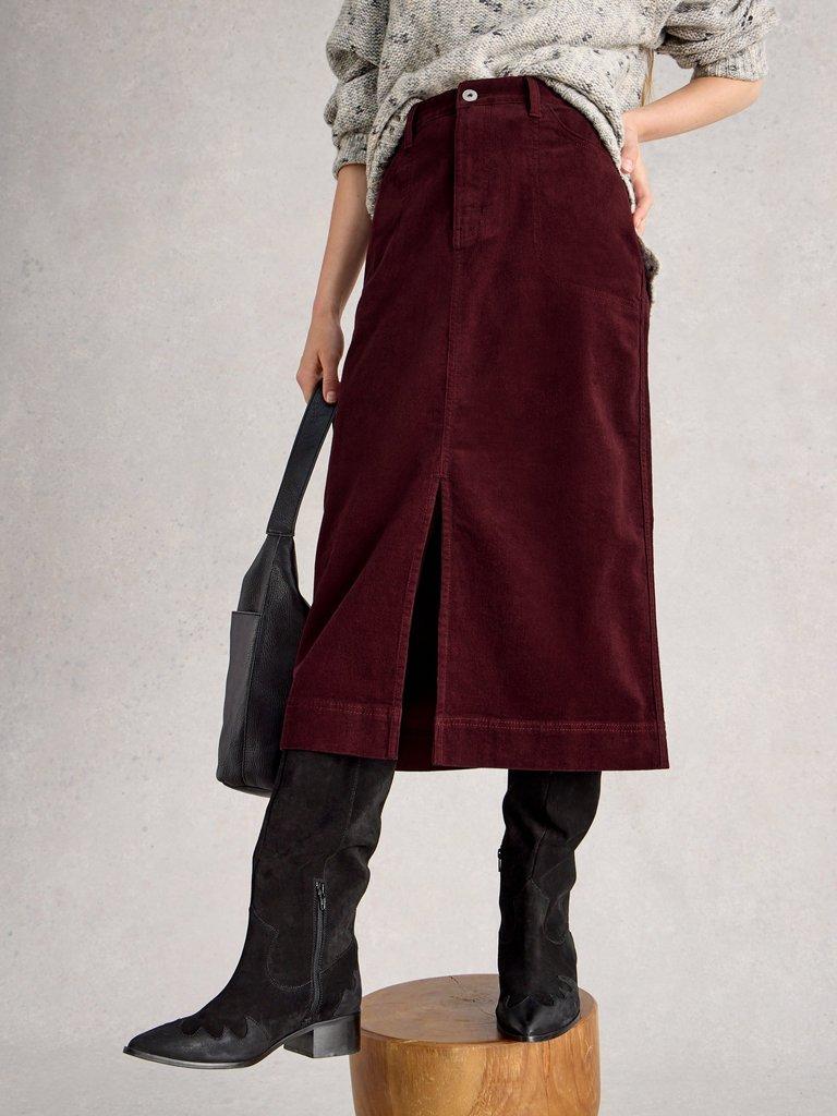 Tia Cord Midi Skirt in DK PLUM - LIFESTYLE