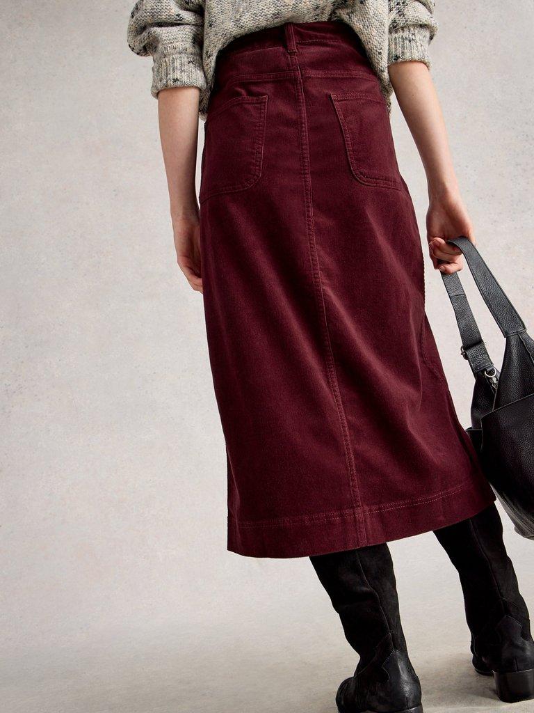 Tia Cord Midi Skirt in DK PLUM - MODEL BACK