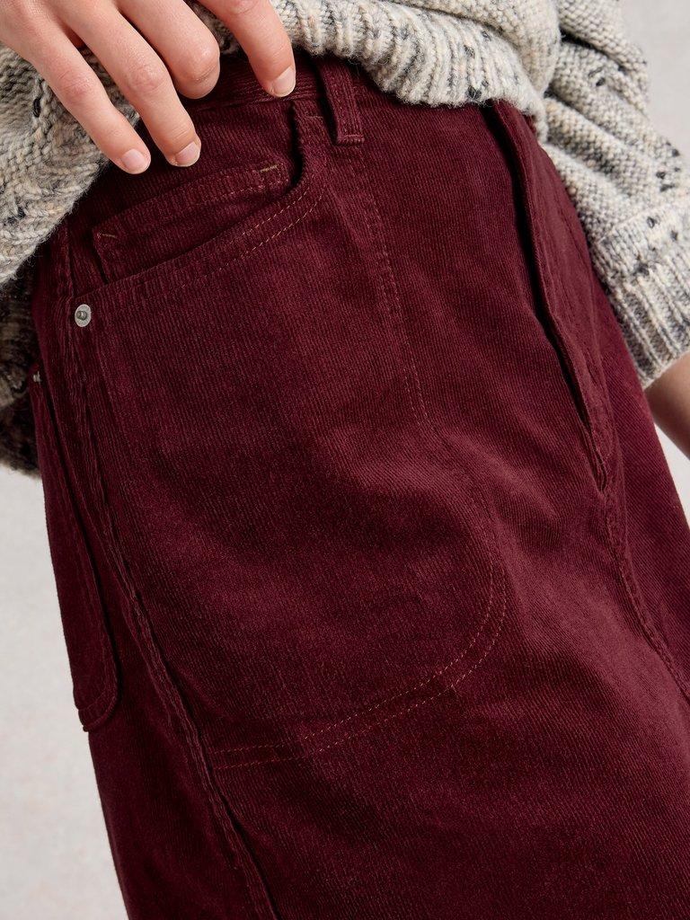 Tia Cord Midi Skirt in DK PLUM - MODEL DETAIL