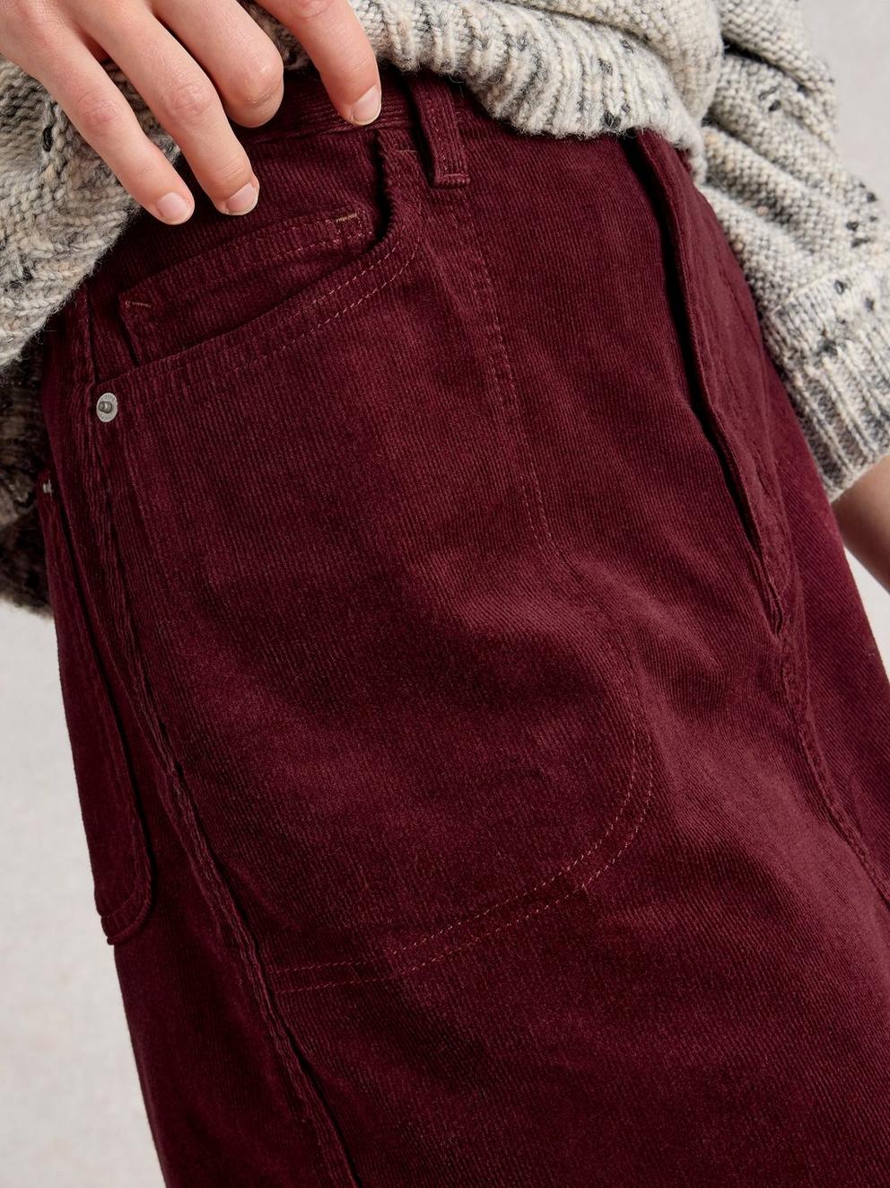 Tia Cord Midi Skirt in DK PLUM - MODEL DETAIL