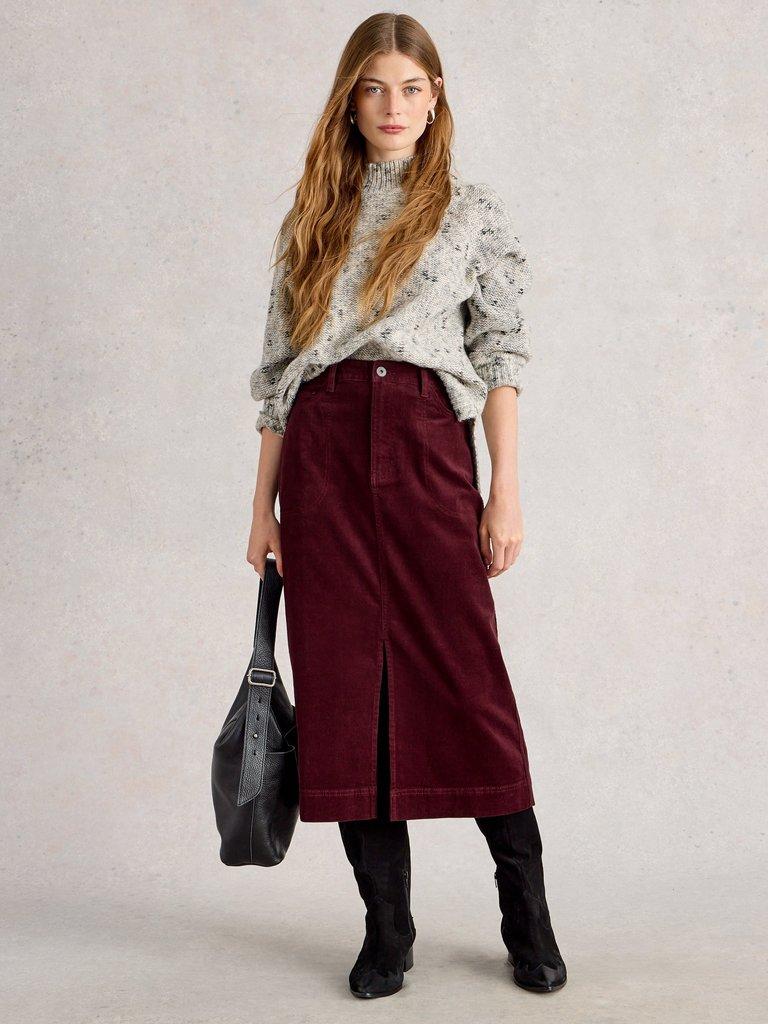 Tia Cord Midi Skirt in DK PLUM - MODEL FRONT