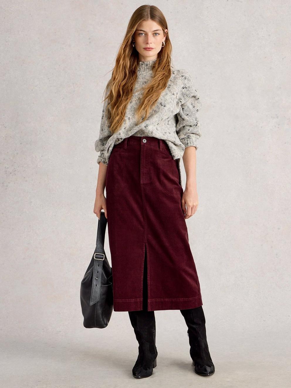 Tia Cord Midi Skirt in DK PLUM - MODEL FRONT