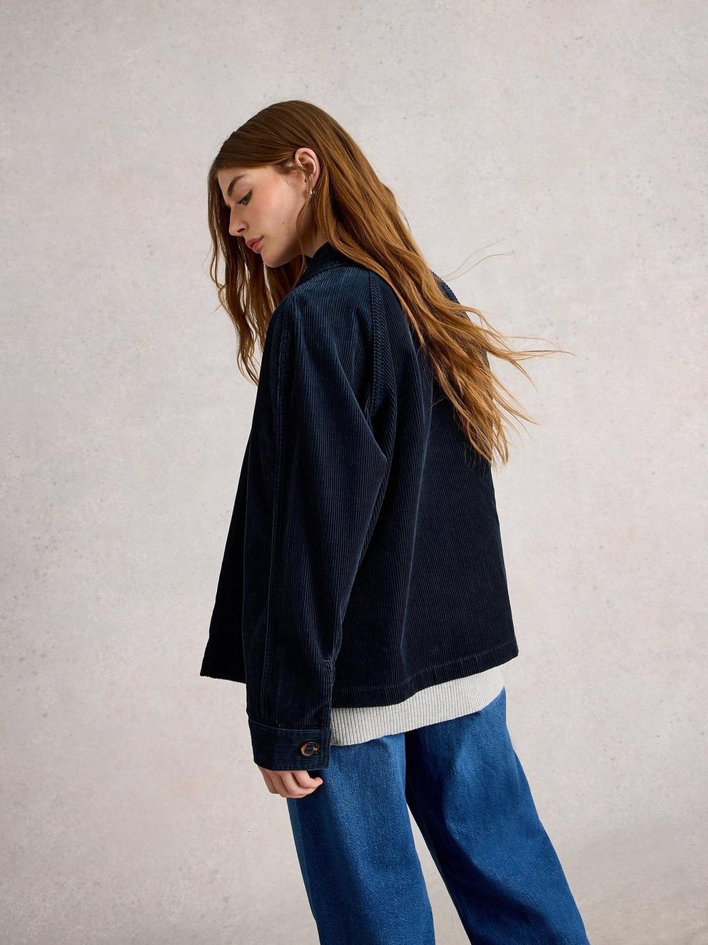 Eden Cord Collared Jacket in DARK NAVY - MODEL BACK
