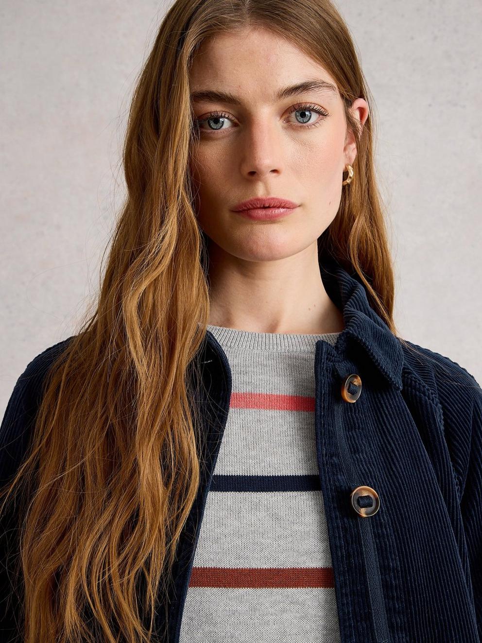 Eden Cord Collared Jacket in DARK NAVY - MODEL DETAIL