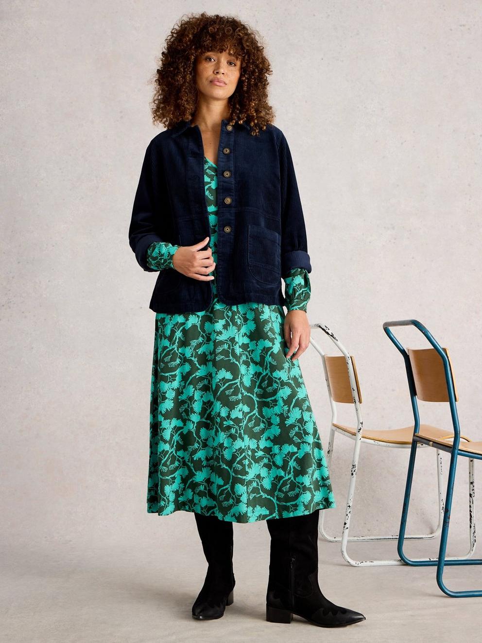 Carrie Cord Long Sleeve Jacket in DARK NAVY - MODEL FRONT