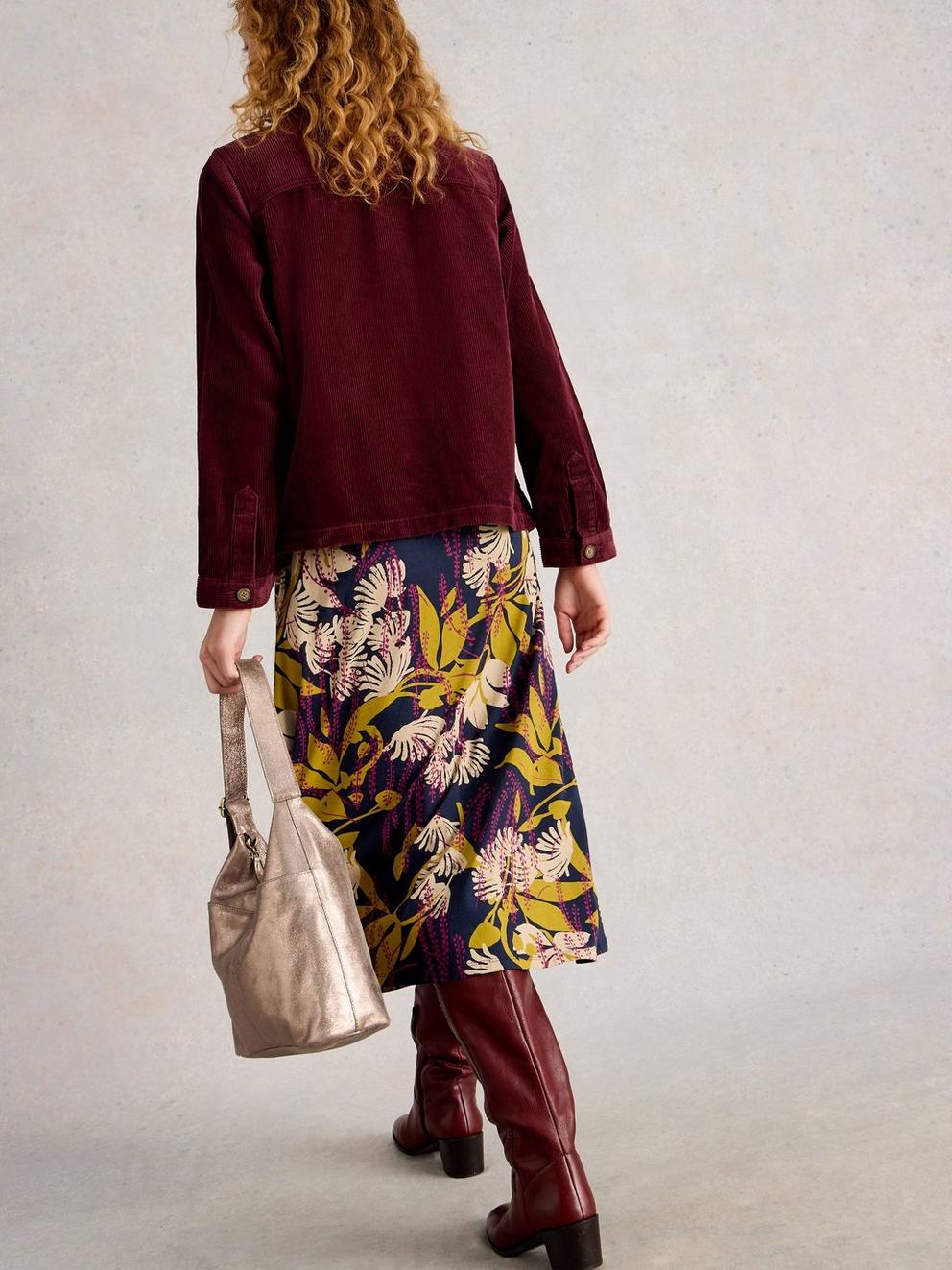 Carrie Cord Long Sleeve Jacket in DK PLUM - MODEL BACK