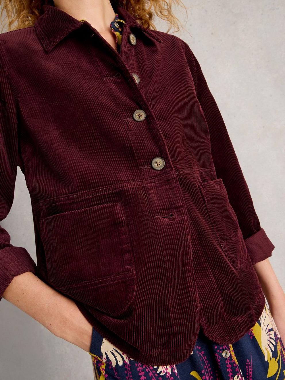 Carrie Cord Long Sleeve Jacket in DK PLUM - MODEL DETAIL