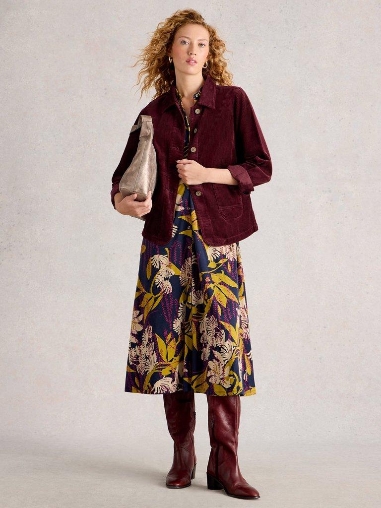 Carrie Cord Long Sleeve Jacket in DK PLUM - MODEL FRONT