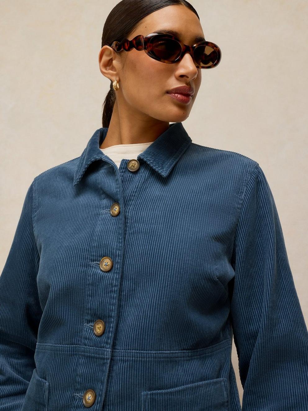 Carrie Cord Long Sleeve Jacket in DUS BLUE - MODEL DETAIL