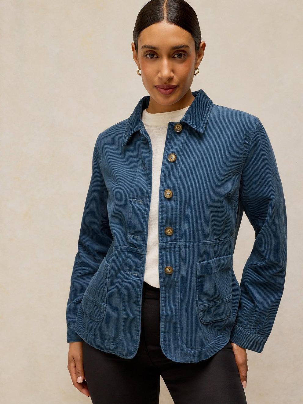 Carrie Cord Long Sleeve Jacket in DUS BLUE - MODEL FRONT