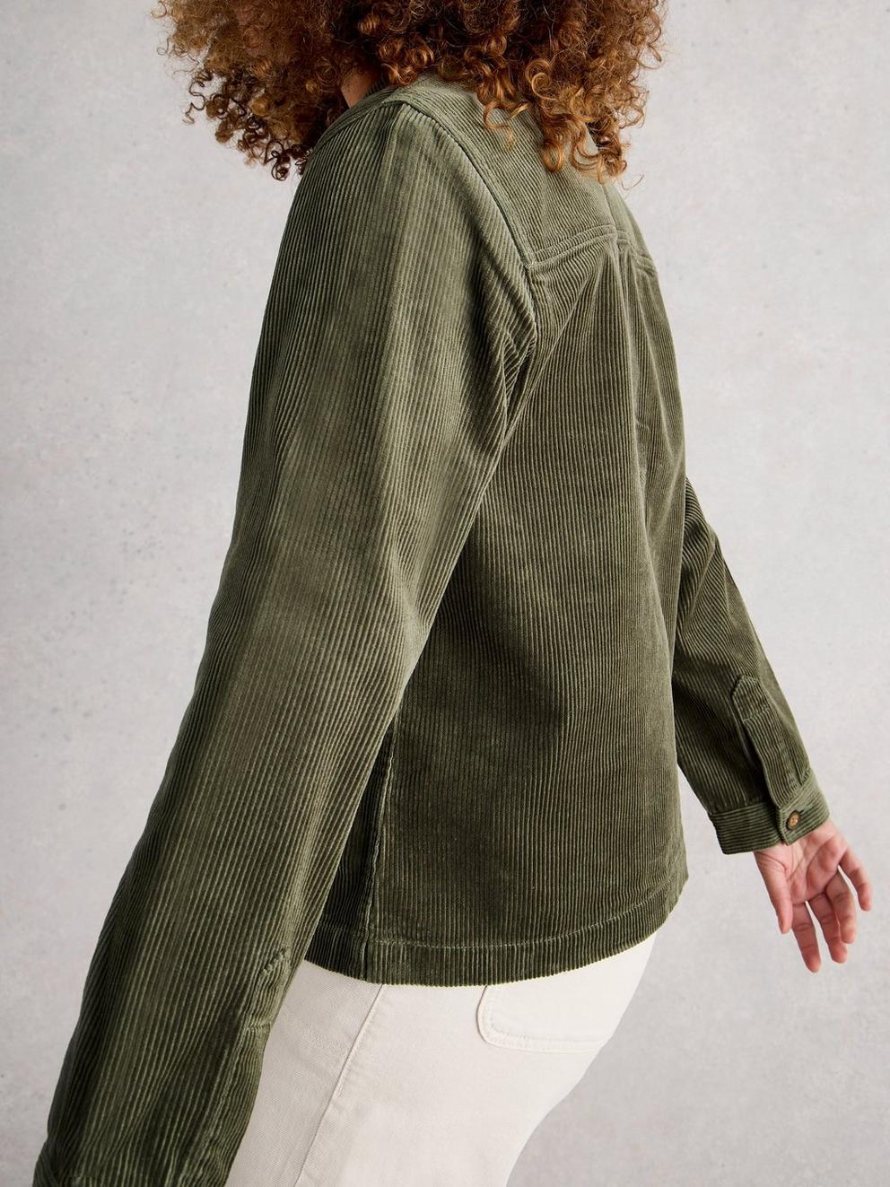 Carrie Cord Long Sleeve Jacket in DUS GREEN - MODEL BACK