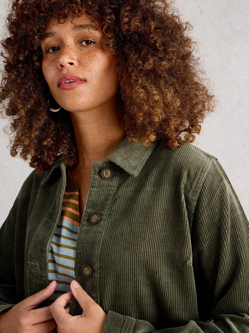 Carrie Cord Long Sleeve Jacket in DUS GREEN - MODEL DETAIL