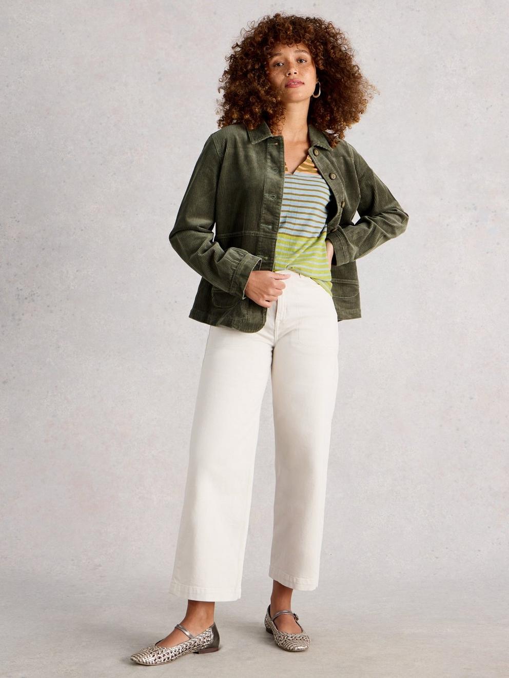 Carrie Cord Long Sleeve Jacket in DUS GREEN - MODEL FRONT