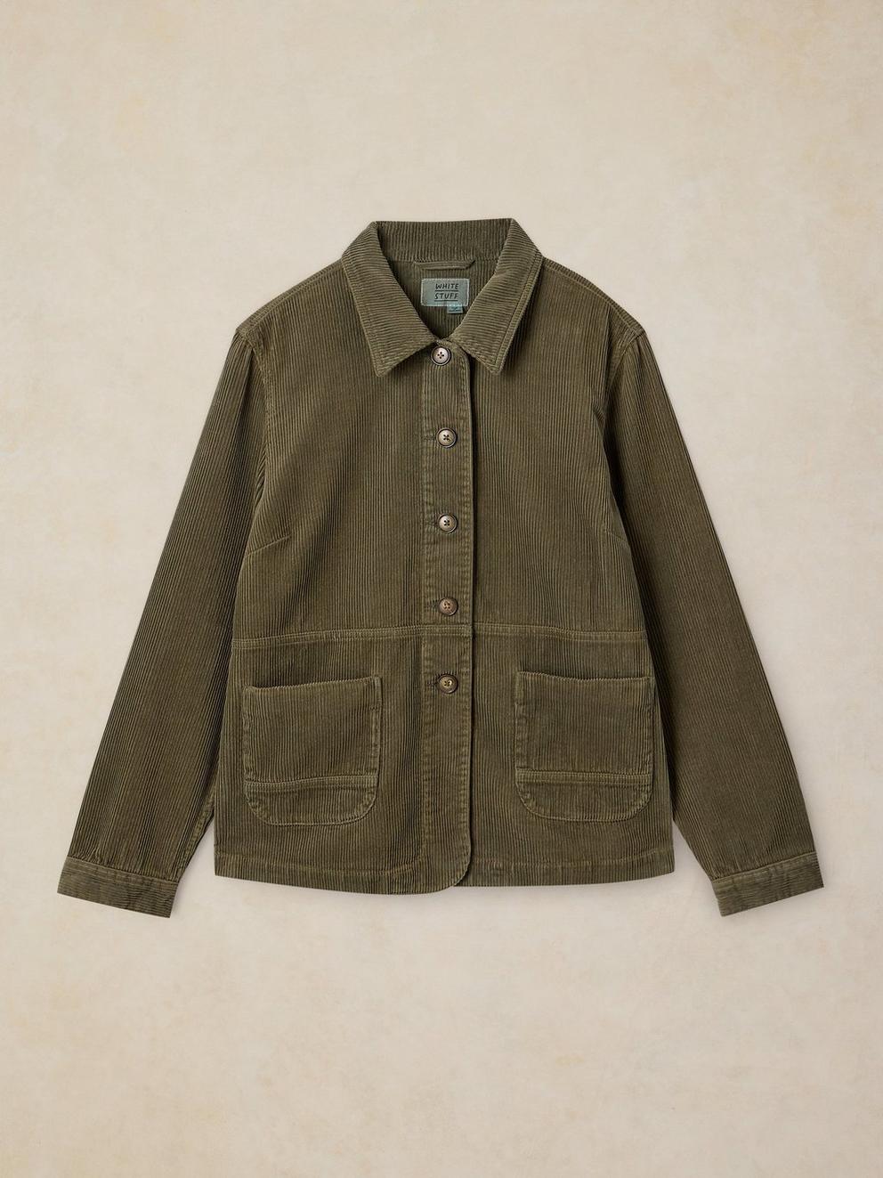Carrie Cord Long Sleeve Jacket in KHAKI GRN - FLAT FRONT