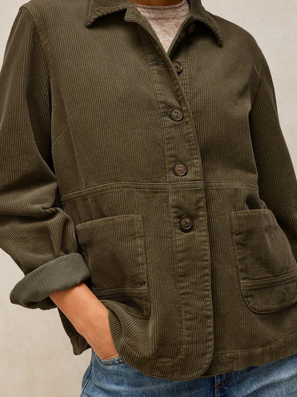 Carrie Cord Long Sleeve Jacket in KHAKI GRN - MODEL DETAIL