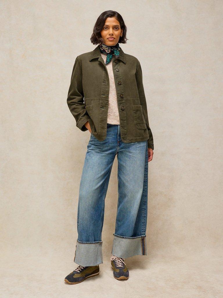 Carrie Cord Long Sleeve Jacket in KHAKI GRN - MODEL FRONT