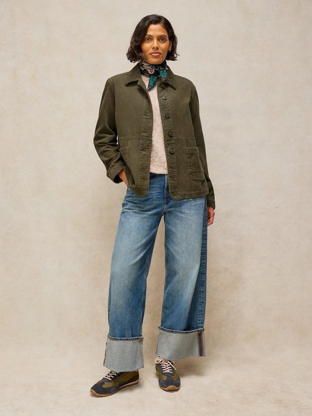 Carrie Cord Long Sleeve Jacket in KHAKI GRN - MODEL FRONT