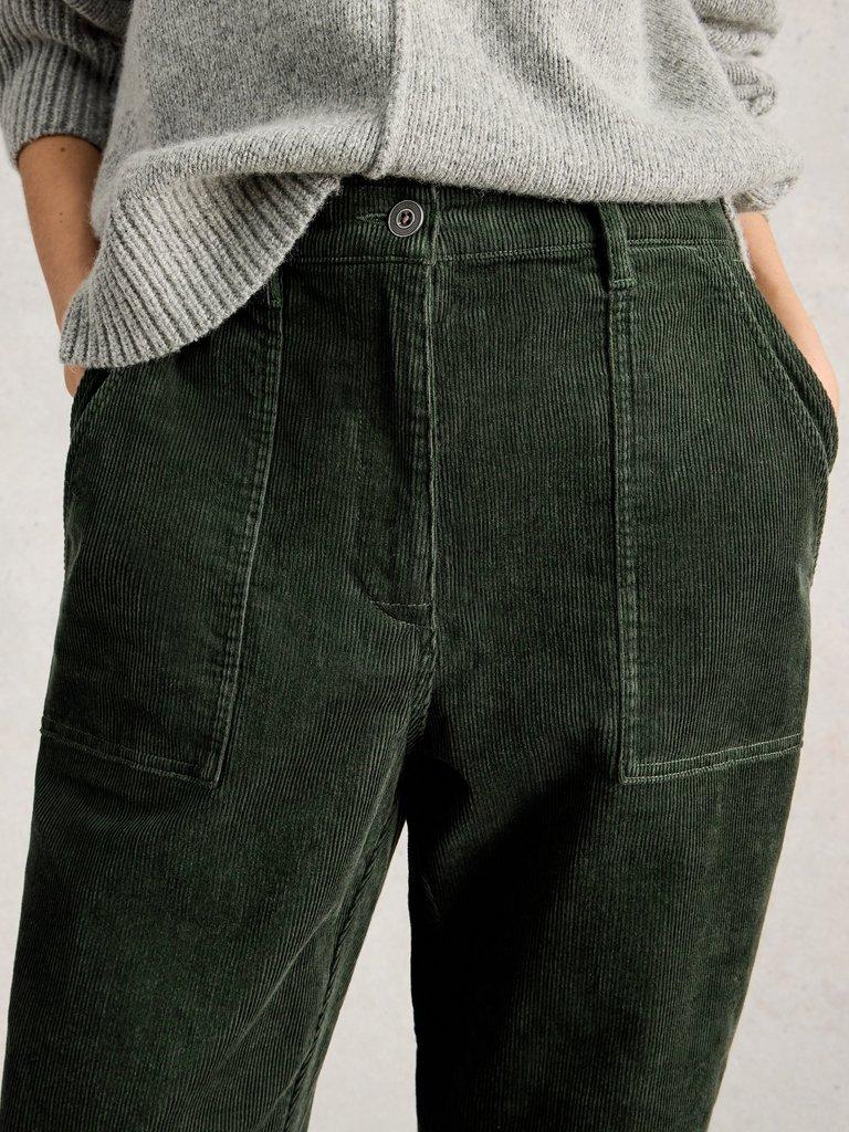 Womens Twister Cord Trouser in DK GREEN - MODEL DETAIL