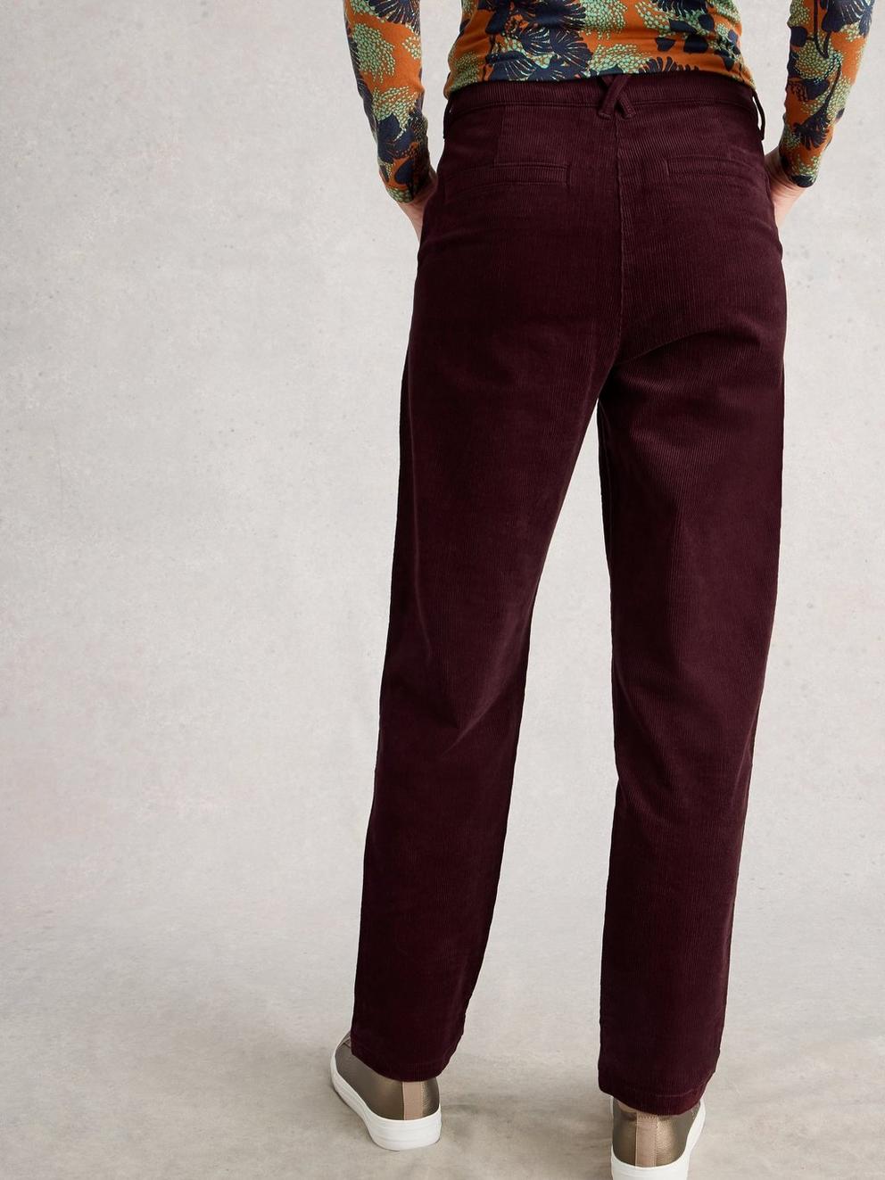 Womens Twister Cord Trouser in DK PLUM - MODEL BACK