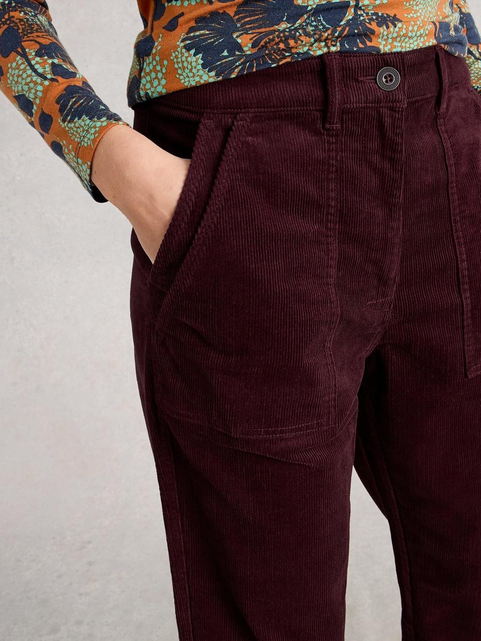 Womens Twister Cord Trouser in DK PLUM - MODEL DETAIL