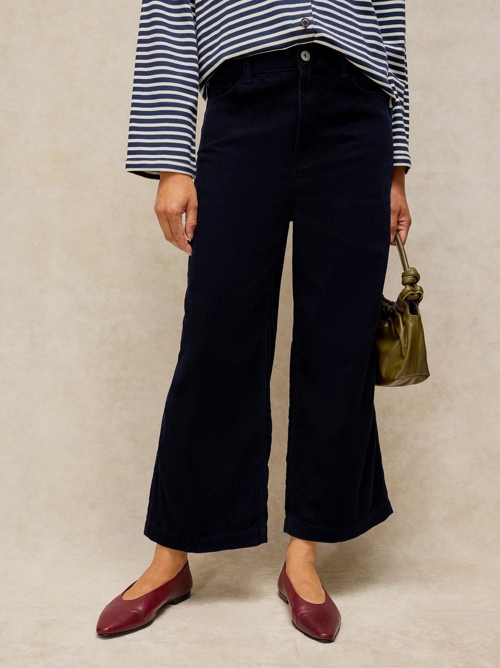 Tia Cord Wide Leg Crop in DARK NAVY - MODEL FRONT