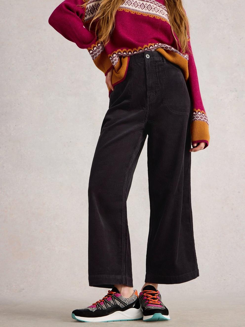 Tia Cord Wide Leg Crop in DK GREY - MODEL BACK