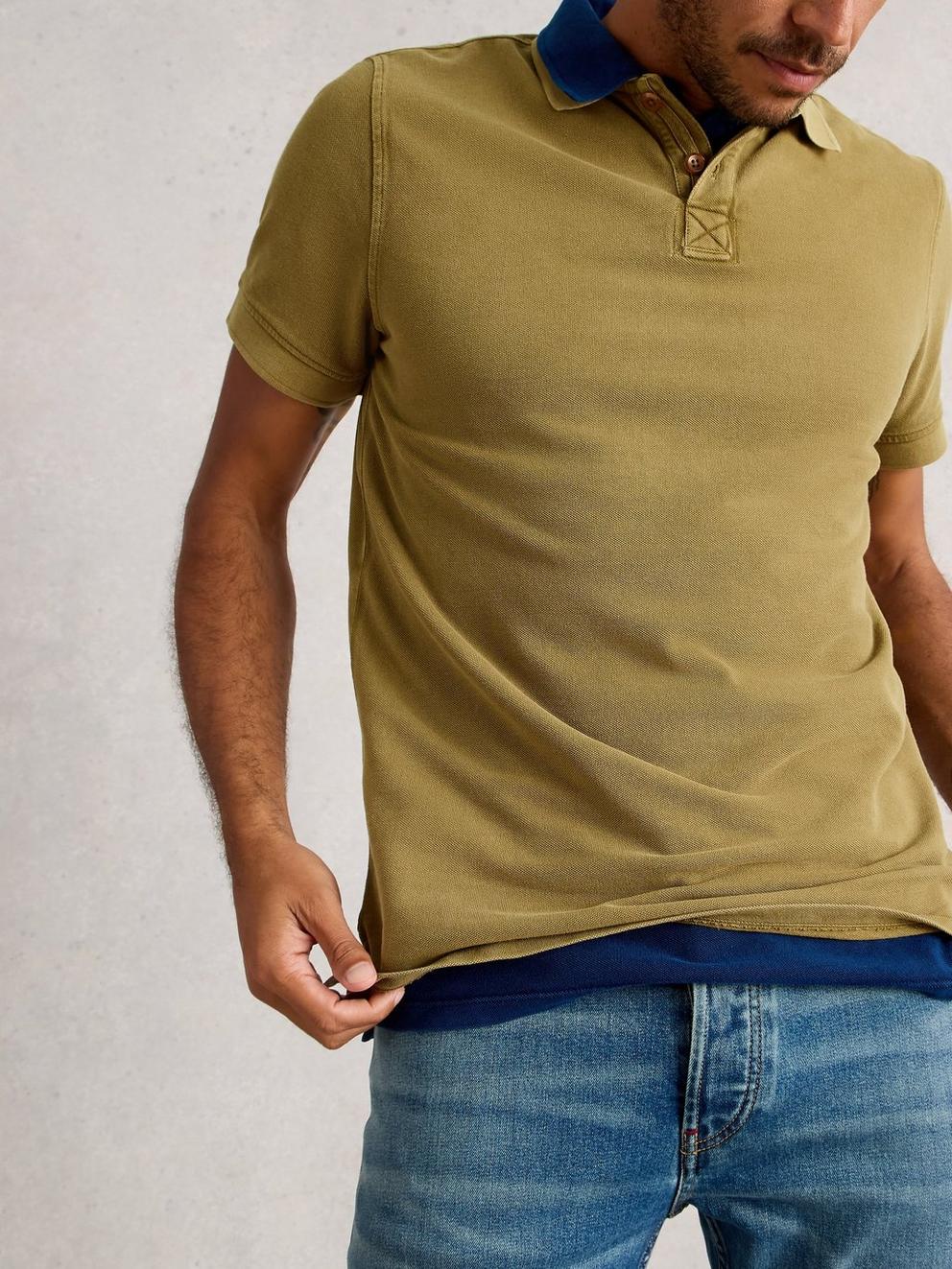 Utility Short Sleeve Polo in KHAKI GRN - MODEL DETAIL