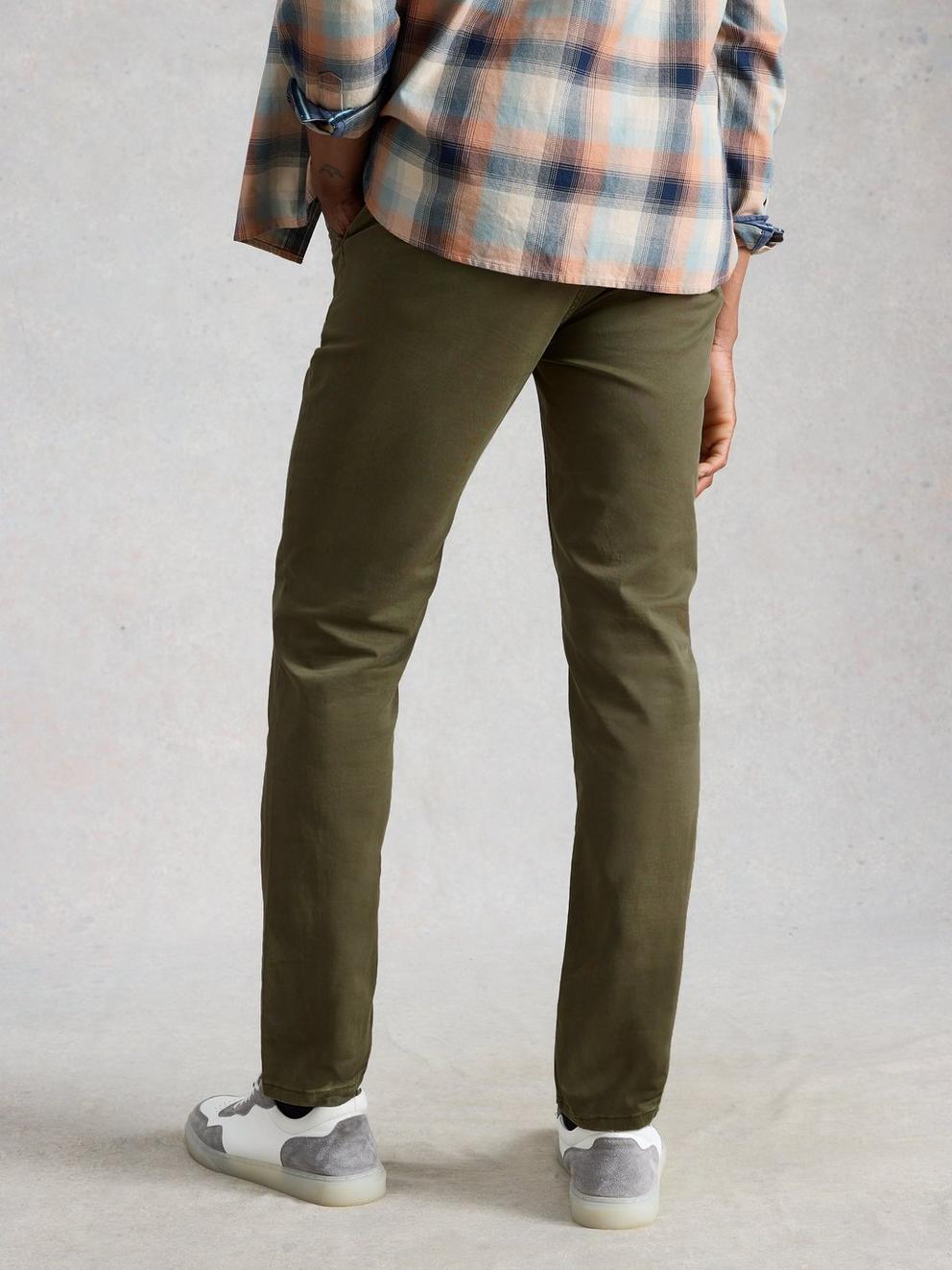 Sutton Organic Slim Chino in KHAKI GRN - MODEL BACK