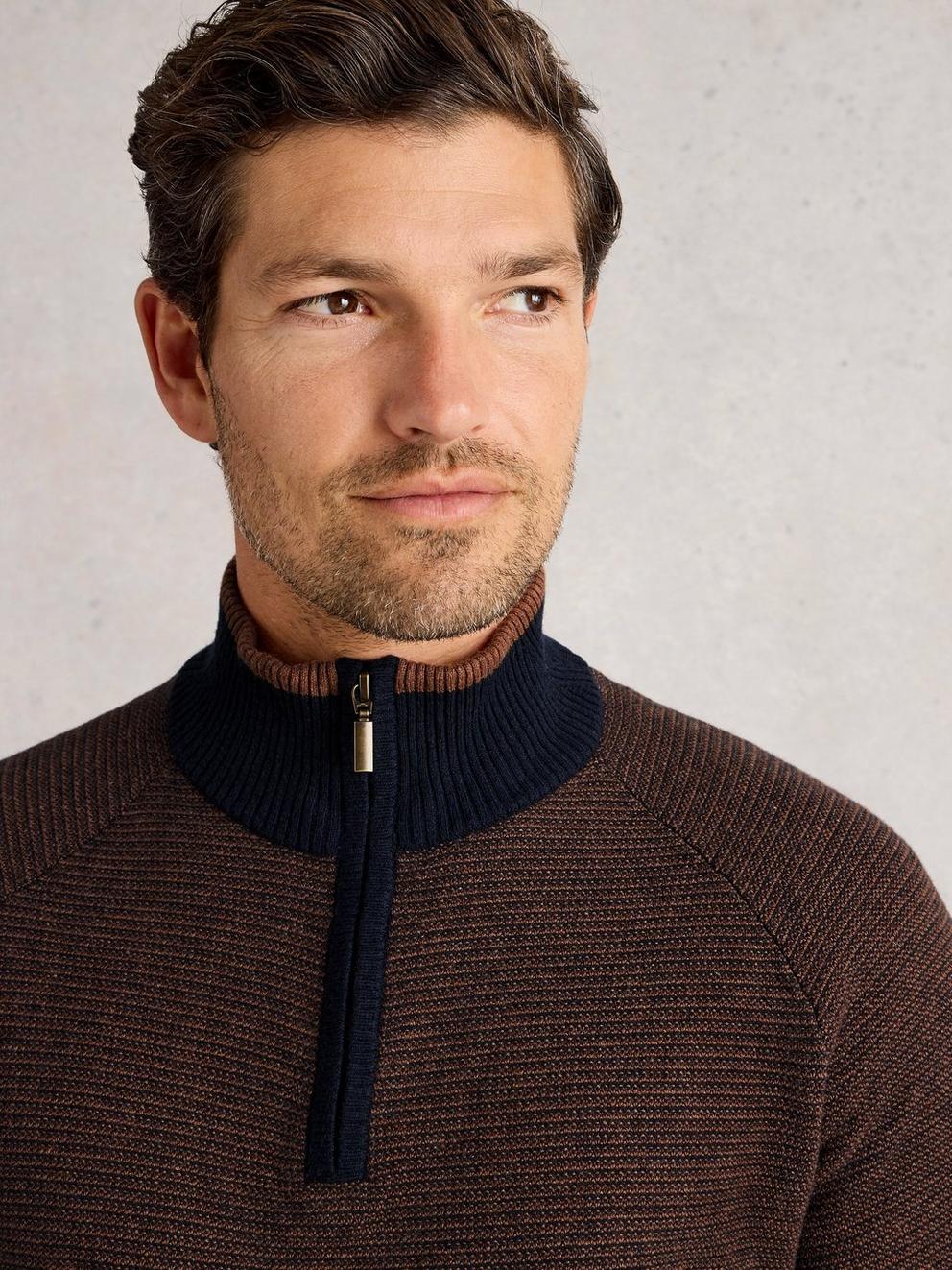 Newport Merino Jacquard Long Sleeve Funnel in BROWN MLT - LIFESTYLE