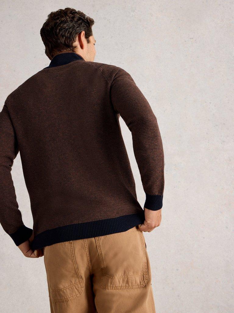 Newport Merino Jacquard Long Sleeve Funnel in BROWN MLT - MODEL BACK